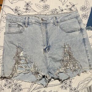 Silver-Beaded Light Wash Denim Shorts - Women